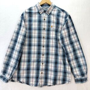 Carhartt Relaxed Fit Long Sleeve Button Front Shirt Men L Tall Blue Plaid 102817